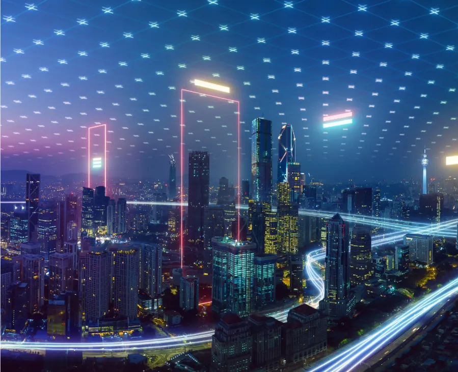 City skyline at night with neon speed line light connecting in the sky to show a smart city with big data connection.