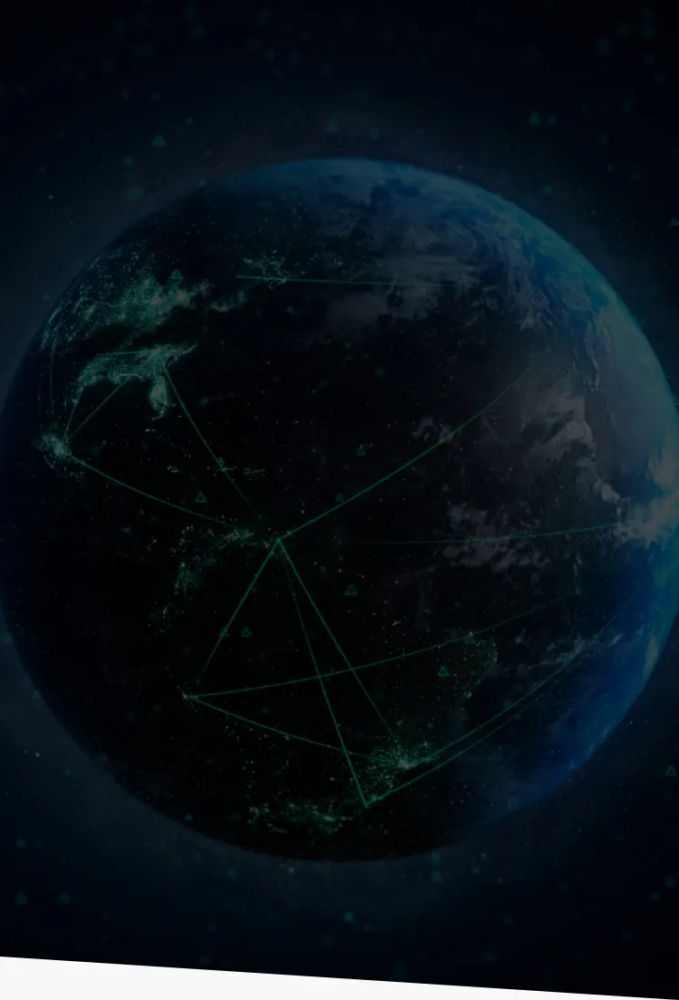 A view of planet earth from space with virtual lines spanning the globe to signal connectivity.