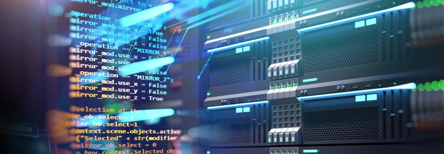 Computer server racks and bright digital screens in a data center for data storage and cloud computing technology.