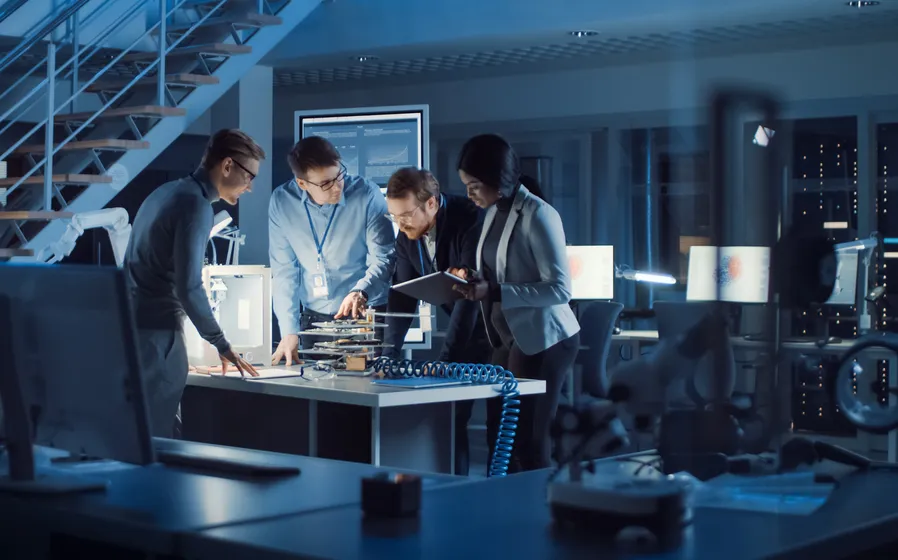 A team working together on a project in an open office environment.